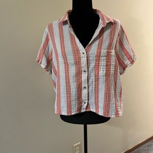 Old Navy Coral and White Striped Button-Down Shirt